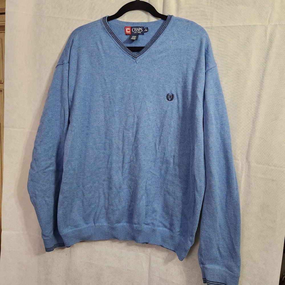 Vintage Chaps Ralph Lauren Sweater Mens Large Blue Cotton V-Neck Logo Blue Trim